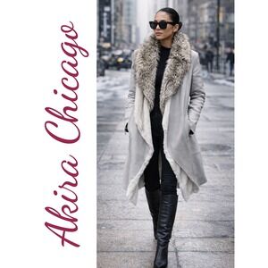 Akira Chicago Red Label Gray Vegan Leather Faux Fur Trim Draped Coat Large